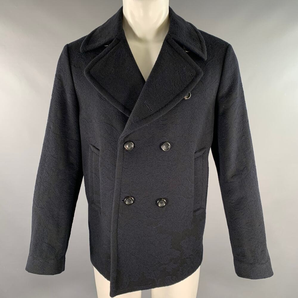 ETRO Size S Navy Abstract floral Wool Double Breasted Peacoat
